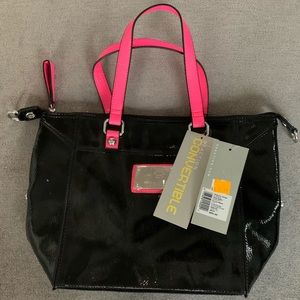 Black PVC back with neon pink straps